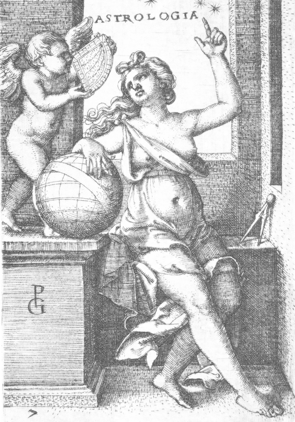 Гравюра «Astrologia»: аллегория астрологии с небесной сферой