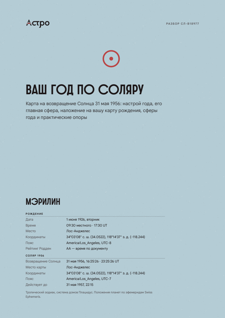 Обложка разбора соляра: Мэрилин, 1 июня 1926, Лос-Анджелес, соляр 1956